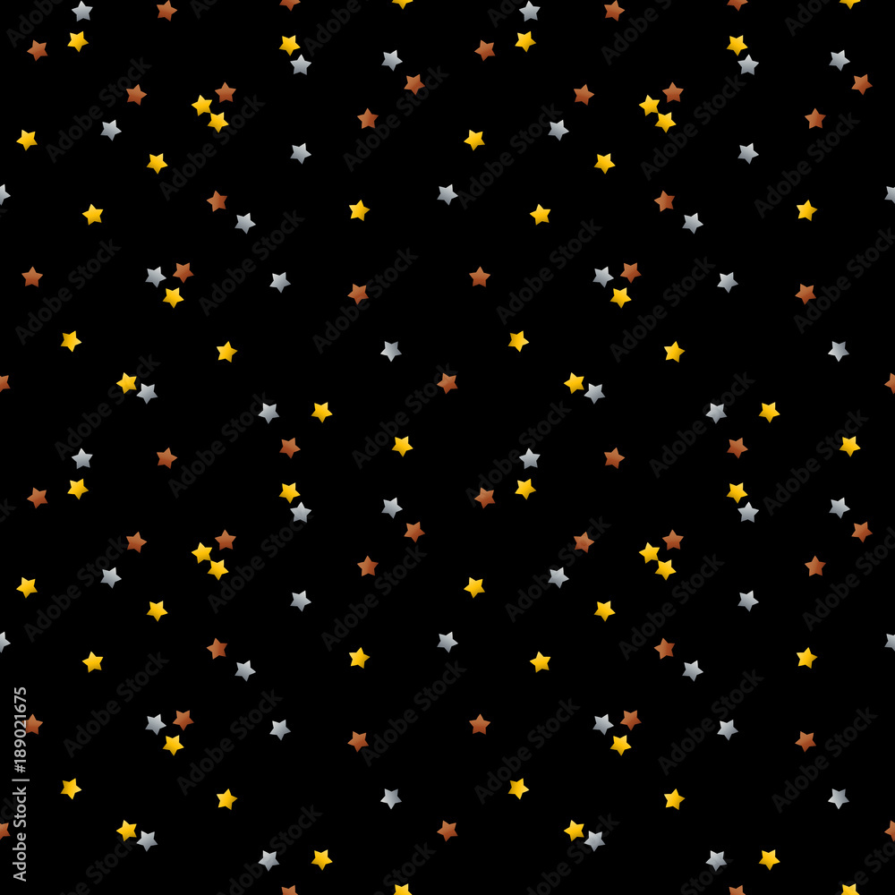 Metallic stars seamless pattern background. Golden, silver and bronze stars confetti, elements on black background.