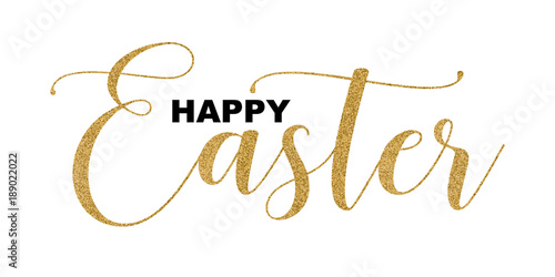 Happy Easter handwritten lettering isolated on white background, vector illustration. Gold glitter letters, hand drawn elements for greeting cards, banners.