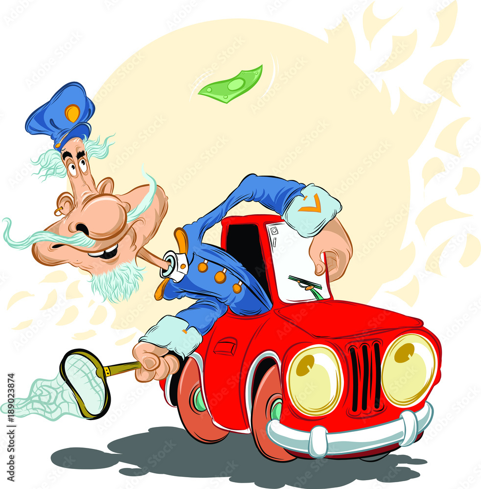 Plakat Policjant w samochodzie policyjnym ściga pieniądze z siatką na motyle. Karykatura korupcyjna. artautoautomobilebackgroundbribery i korupcjacarcartoonchaseclipartcolor przerwa
