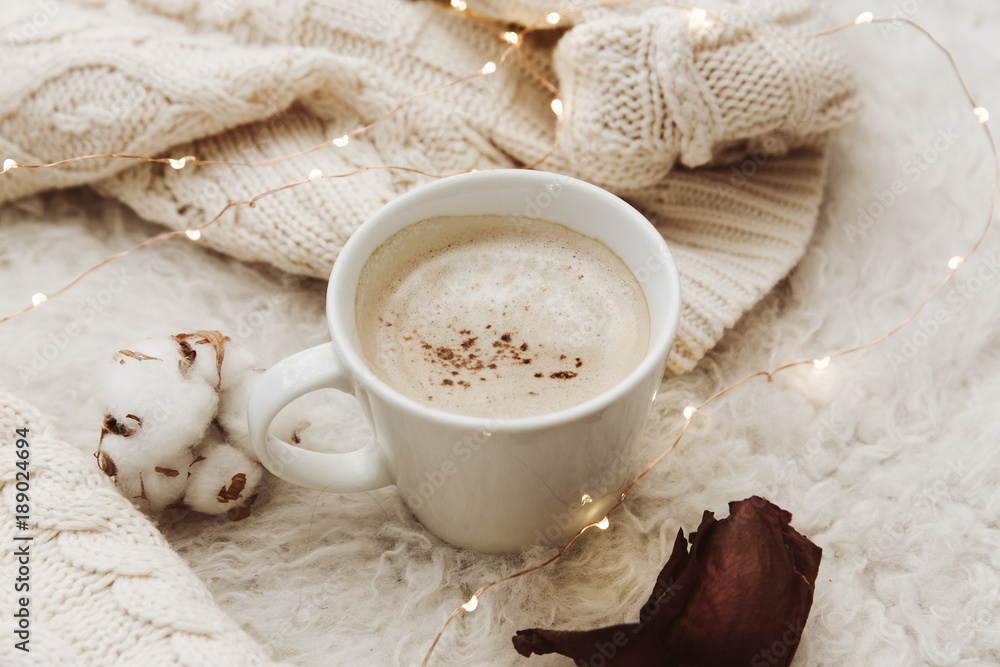 Flat lay composition with coffee for blogger, cozy home, hipster morning, trendy toning Flat lay composition with coffee for blogger, cozy home, hipster morning, trendy toning