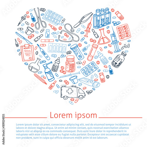 Medicine doodle shapes in heart. Hand drawn vector illustration