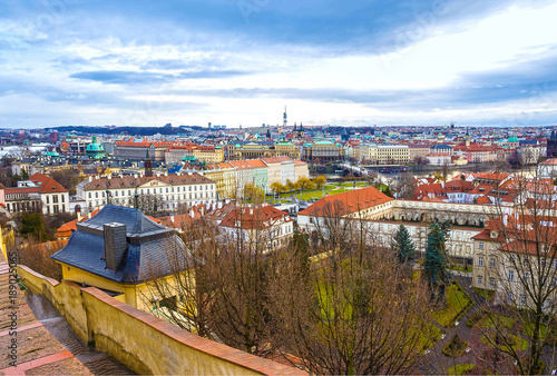 The aerial panorama of roofs at old town Prague, Czech republic