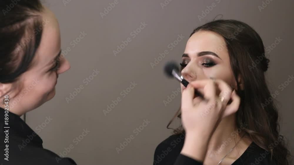 make-up artist applies powder with a professional brush on the face of the girl make-up artist applies powder with a professional brush on the face of the girl