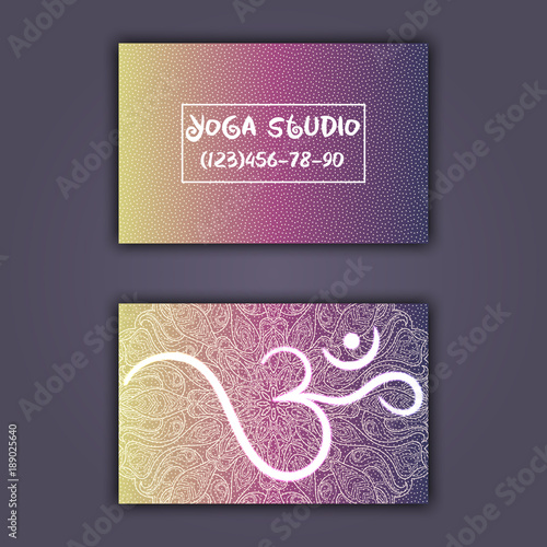 Business card for yoga studio or yoga instructor. Ethnic background with mandala ornament and ohm