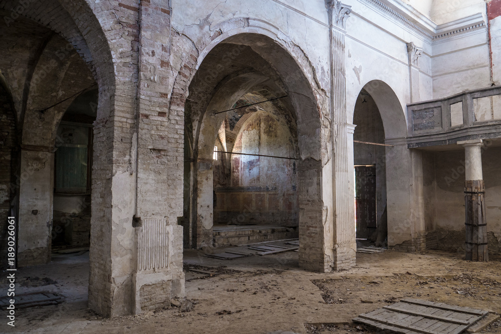 Ruins of abandoned Catholic church. Marche region, Italy