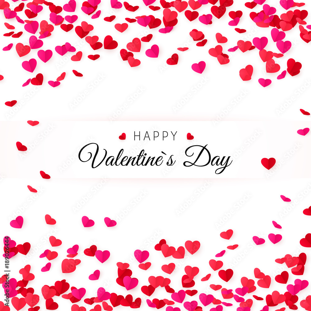 Amour Valentines day greeting card. Hearts confetti and label for text. Vector illustration