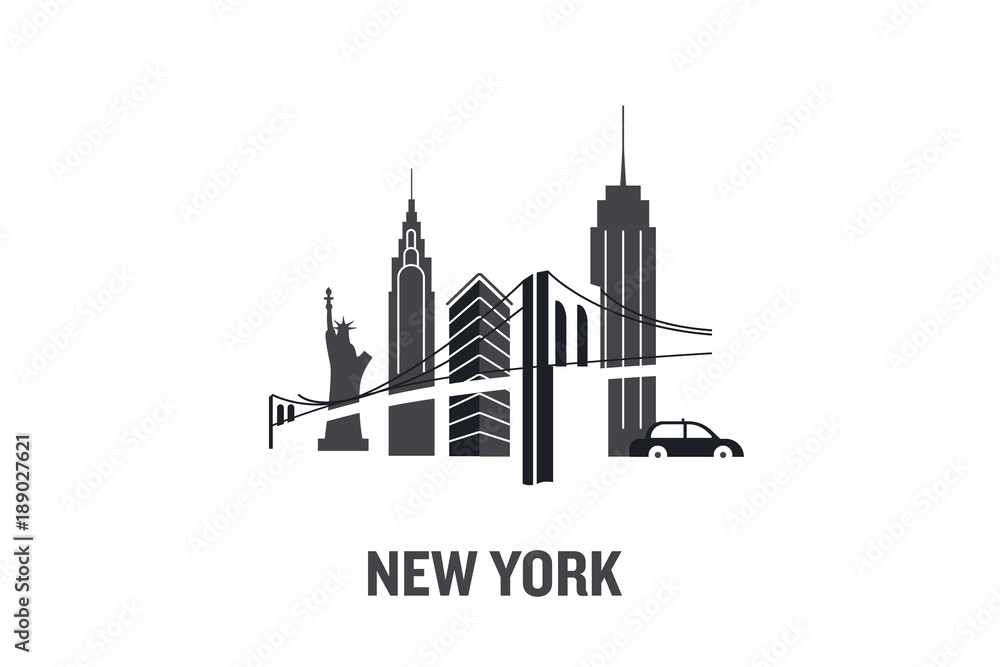Illustration made with icons of most important buildings in New York. Flat vector design.