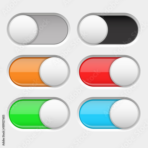 On and Off long oval icons. Gray and colored switch interface buttons