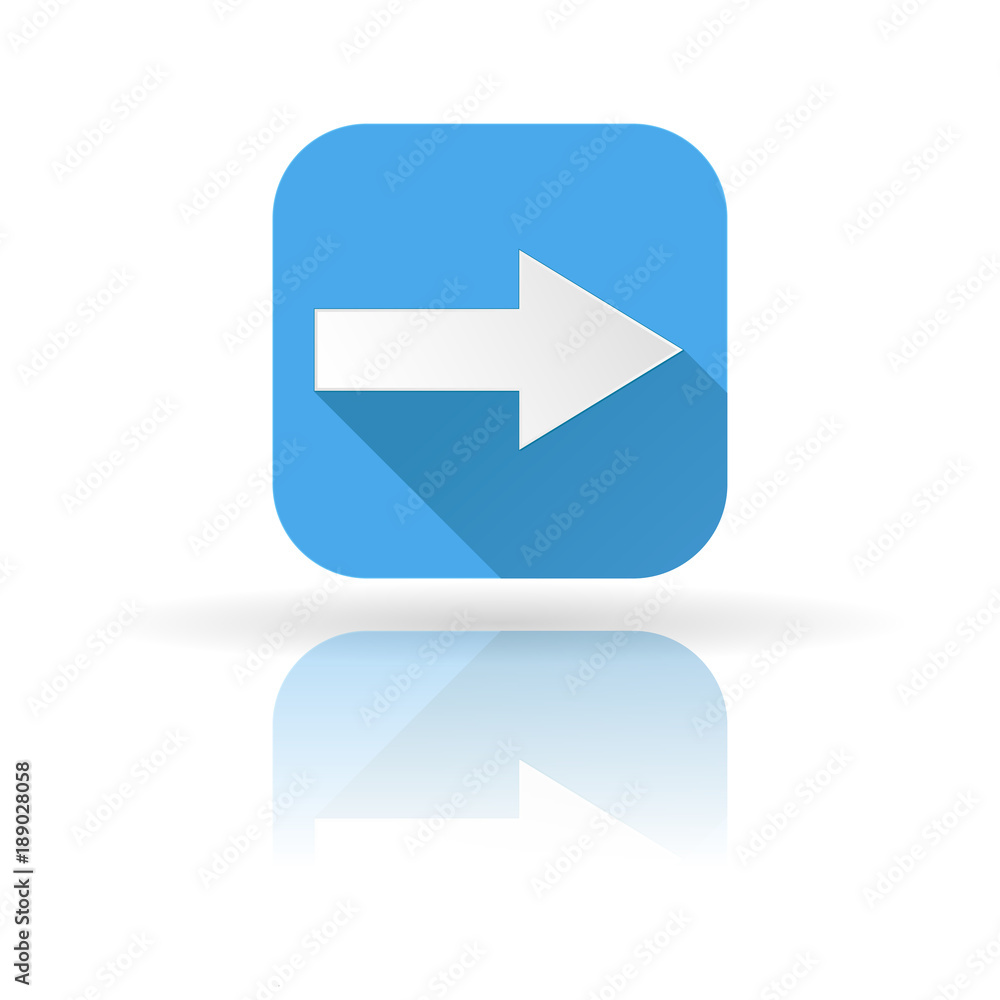 Arrow icon. Blue sign with shadow and reflection. Right arrow Arrow icon. Blue sign with shadow and reflection. Right arrow
