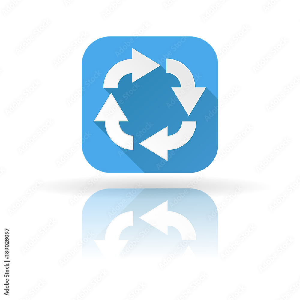 Arrows icon. Blue sign with shadow and reflection. Circular motion Arrows icon. Blue sign with shadow and reflection. Circular motion