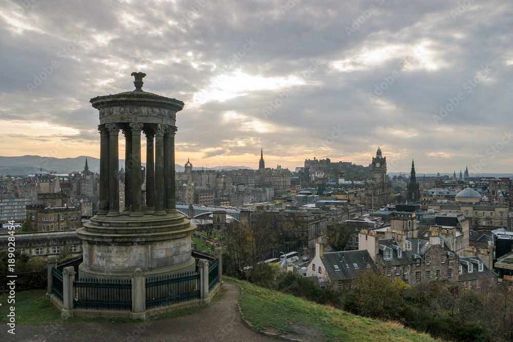 View of Edinburgh from  Dugald Stewart Monument at dusk. Scontland, UK