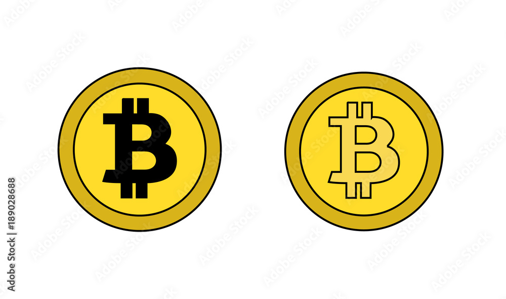 Fototapeta premium Set of two designs of bitcoin cryptocurrency, one coin in black and the other in yellow. Original digital or virtual currencies, revolutionary new electronic money. Isolated vector.