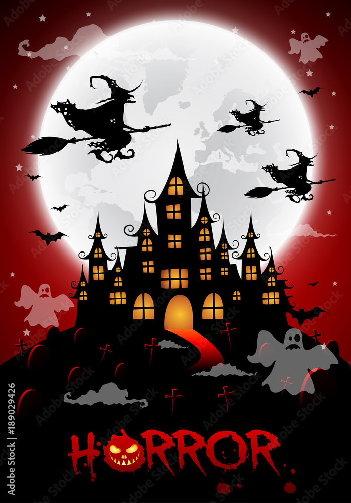 haunted house and full moon with ghost,horror night background.Vector illustration.