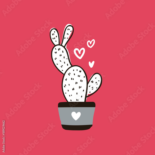 Cute hand drawn card with cactus and hearts. Cartoon style vector illustration in modern color theme. Cactus in flower pot.
