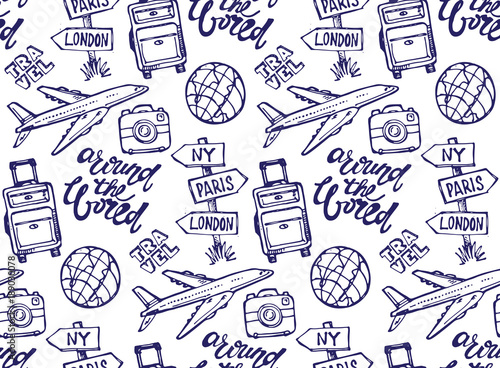 Hand drawn doodle travel set. Travel pattern