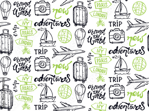 Hand drawn doodle travel set. Travel pattern
