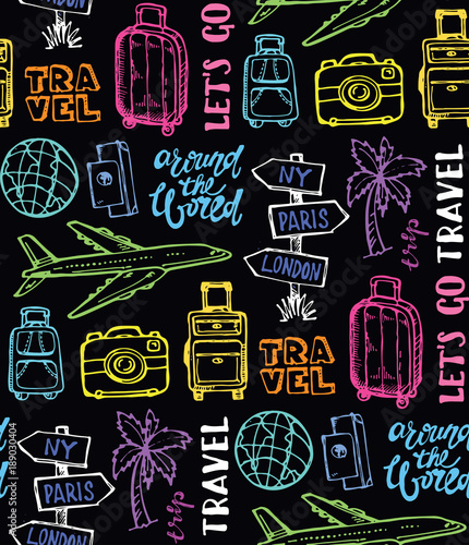 Hand drawn doodle travel set. Travel pattern