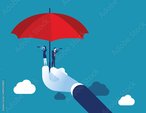 Manager safe his team. Looking telescope for future opportunity. Concept business vector illustration.