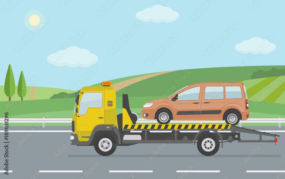 Rural landscape with road and moving  tow truck . Flat style vector illustration. 
