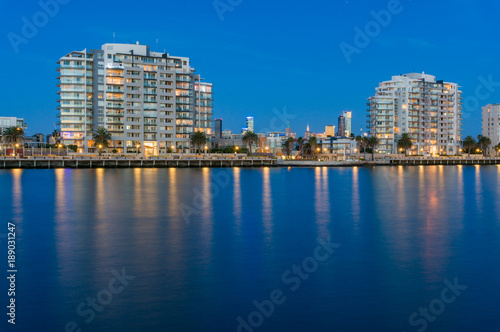 Port Melbourne waterfront apartment buildings at blue hour