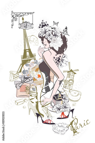 Border from Paris illustrations with fashion girls, cafes and flowers. Vector illustration.