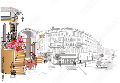 Obraz Seria tła ozdobiona kwiatami, widokiem na stare miasto i ulicznymi kawiarniami. Ręcznie rysowane tła architektoniczne z zabytkowych budynków.