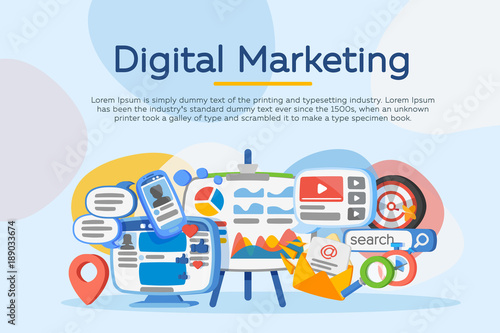 Business analysis. Digital marketing concept. Social network and media communication. Development of marketing strategy. Banner in the cartoon flat style. SEO, SMM and promotion. Vector illustration.