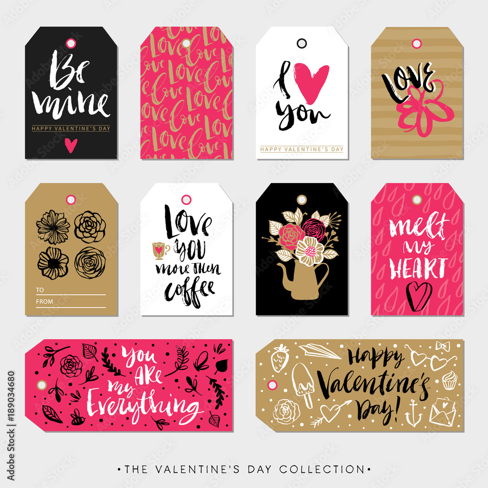 Naklejka premium Valentines day gift tags and cards. Calligraphy and hand drawn design elements. Handwritten modern lettering.