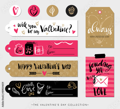 Valentines day gift tags, cards and stickers with calligraphy. Hand drawn design elements. Handwritten modern lettering.