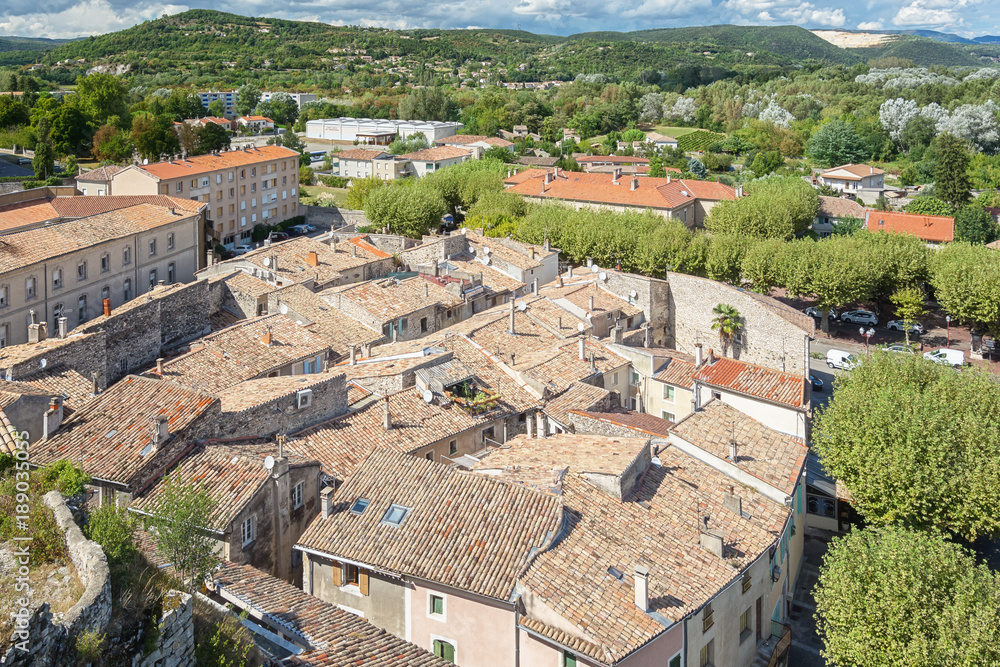 Top view of the rooftops of the village Viviers in the Ardèche region of France