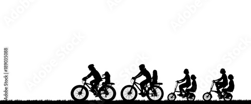 silhouette family ride a bike with daughter on white background.