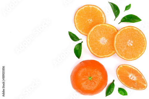 orange or tangerine with leaves isolated on white background with copy space for your text. Flat lay  top view