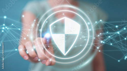 Businesswoman using shield safe protection with connections 3D rendering