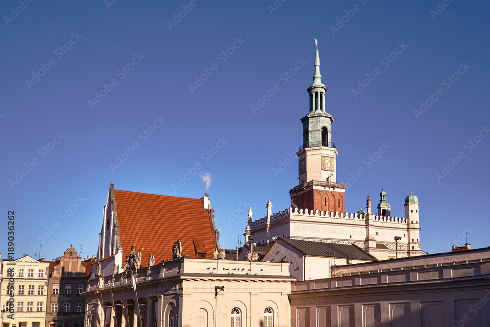 Obraz premium townhouses and tower of town hall at the Old Market in Poznan.