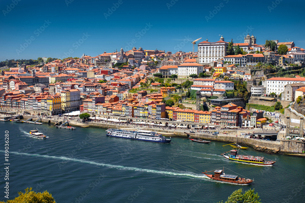 Panorama of Porto historic center Ribeira and Duoro river with Dom Luis Bridge