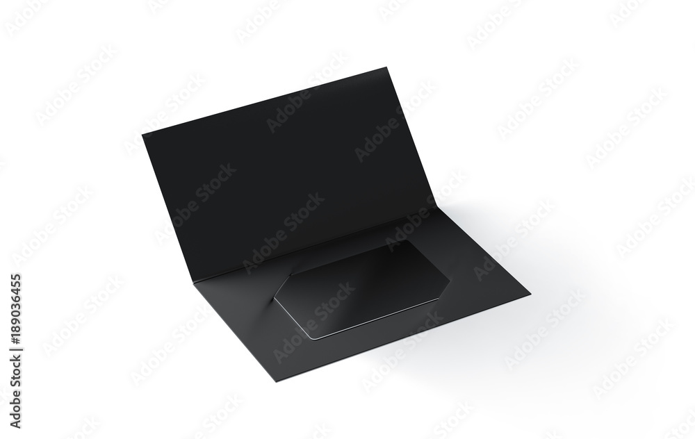 Illustrazione Stock Blank black plastic card mockup inside paper booklet  holder isolated, 3d rendering. Clear loyalty program folded brochure with  certificate mock up. Customer loyal booklet envelope template. | Adobe Stock