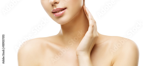 Neck Skin Care, Woman Face Makeup and Lips Beauty Treatment, Model Touch Neck by Hand, Isolated on White Background