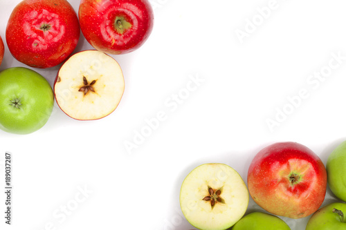 red and green apples isolated on white background with copy space for your text, top view. Flat lay pattern