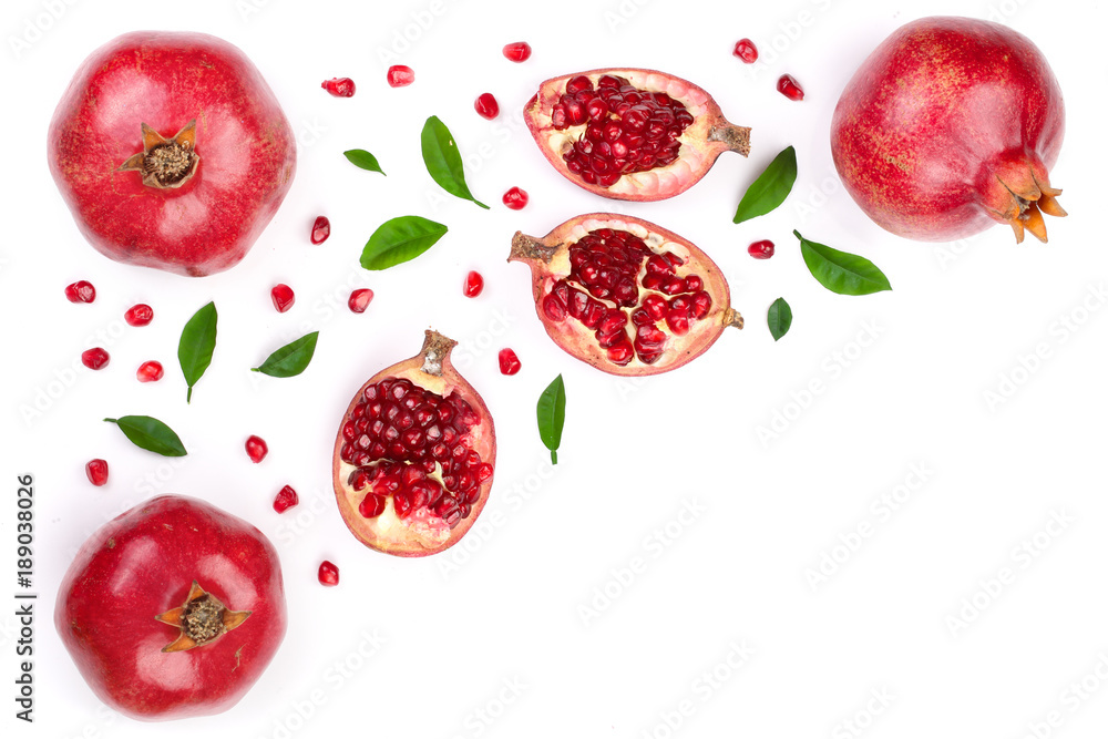 pomegranate with leaves isolated on white background with copy space for your text. Top view. Flat lay pattern pomegranate with leaves isolated on white background with copy space for your text. Top view. Flat lay pattern