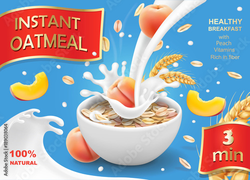Bowl of oatmeal with peach Oat flakes or muesli advertising template vector illustration with big milk splash
