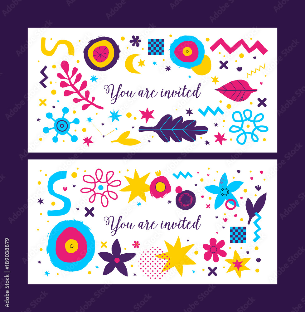 Set of two horizontal backgrounds with abstract hand drawn elements. Useful for advertising and graphic design.