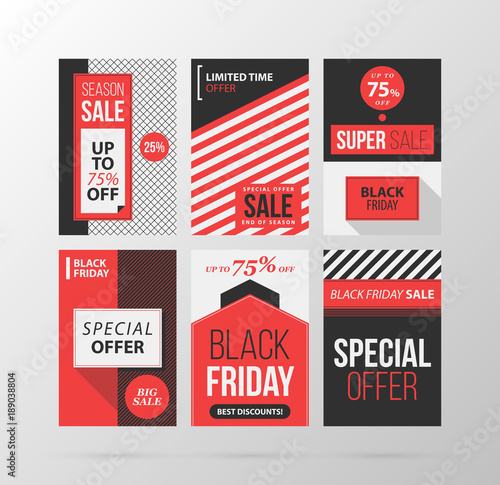 Set of six Black Friday banners/posters in retro black and red style on gray background