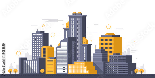 City illustration. Towers and buildings in modern flat style on white background