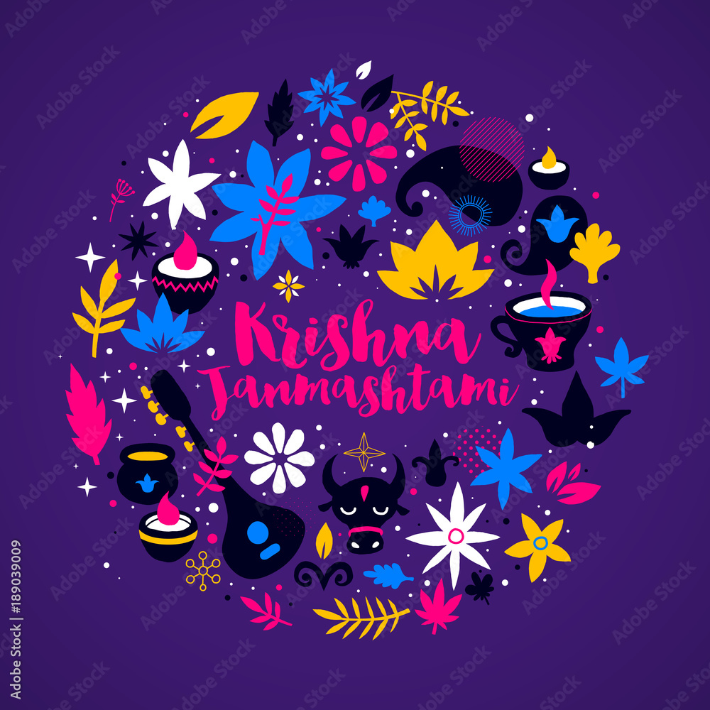 Krishna Janmashtami design template with abstract colorful elements on deep  violet background. Useful for posters, cards and advertising. Stock Vector  | Adobe Stock