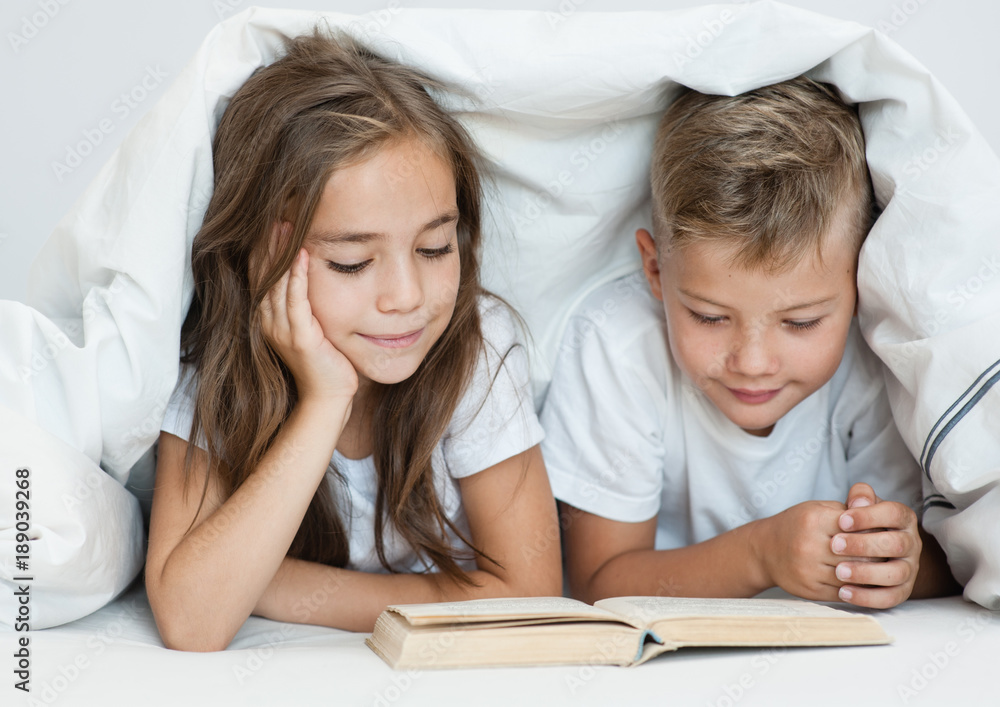 Two happy sibling children lying under blanket with book Two happy sibling children lying under blanket with book