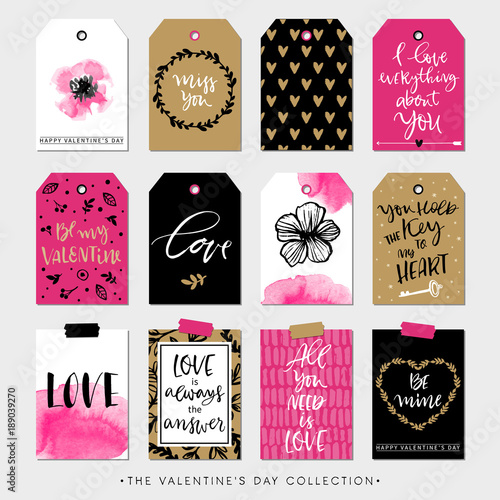 Valentines day gift tags and cards. Calligraphy and hand drawn design elements. Handwritten modern lettering.
