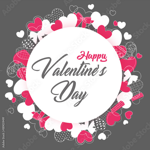 Happy Valentines Day Festive Card. Beautiful background with hearts circles. Modern, scribbled hearts. Vector Illustration.