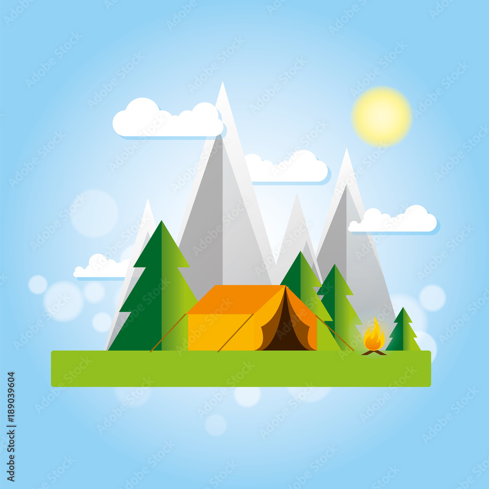 Day and night in a camping in the mountains or forest with a tent and a fire. Vertical internet banners or design for a postcard, flyer or poster. Vector illustration.
