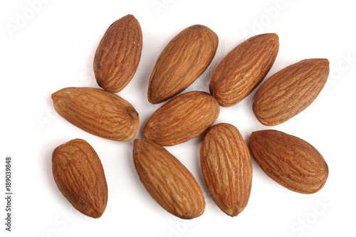 almonds isolated on white background close up. Top view