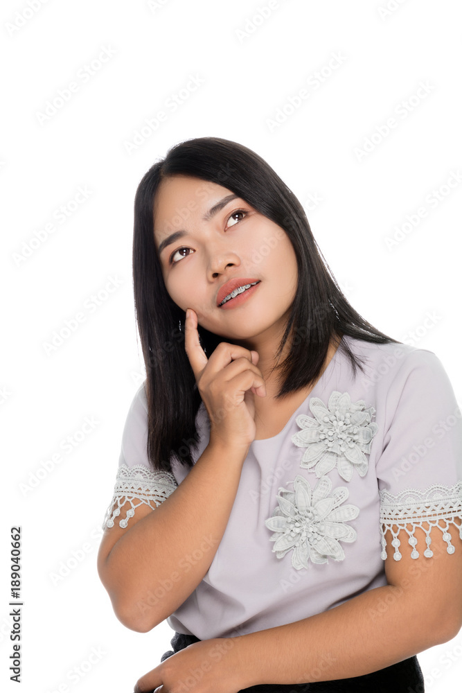 Beautiful asian businesswoman thinking portrait studio on white background Beautiful asian businesswoman thinking portrait studio on white background